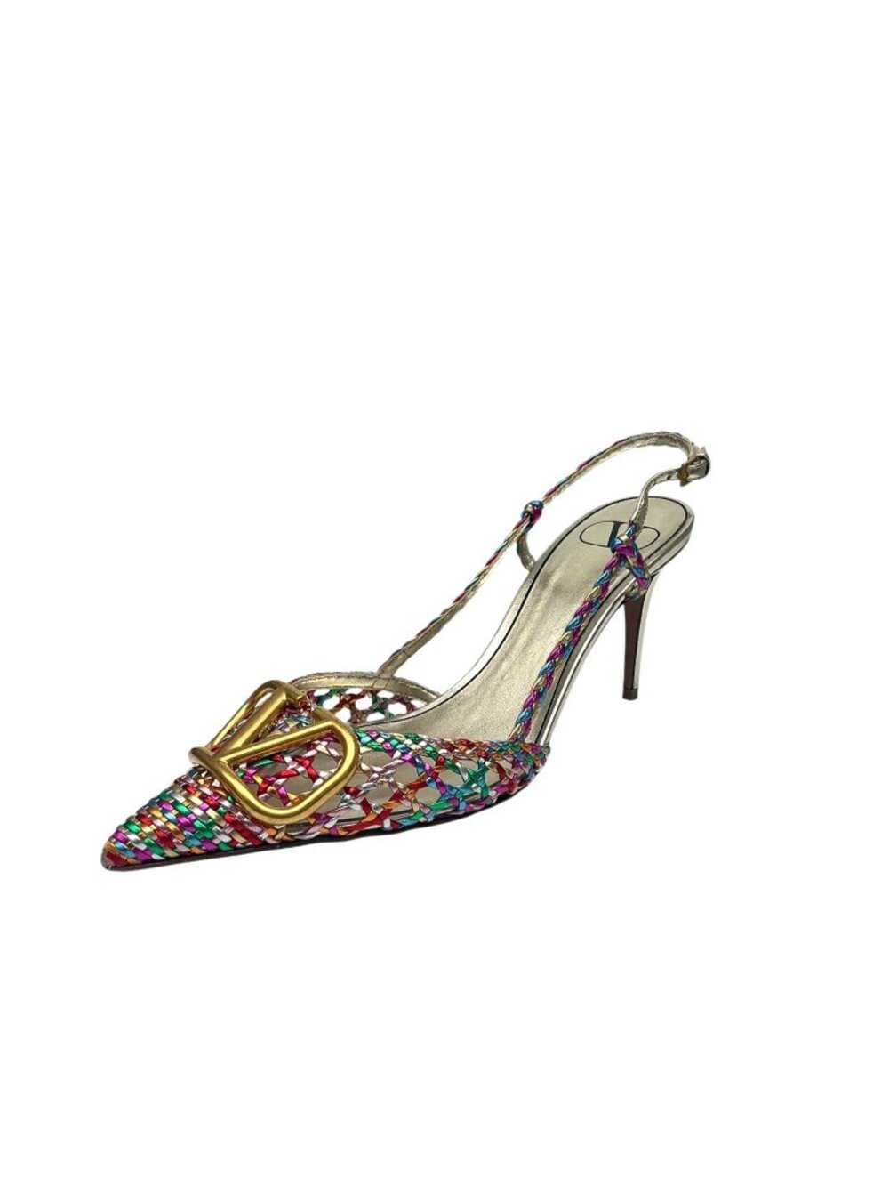 VALENTINO Garavani Multicolor Woven Leather Vlogo Pointed Toe Slingback Sandals - Picture 2 of 12